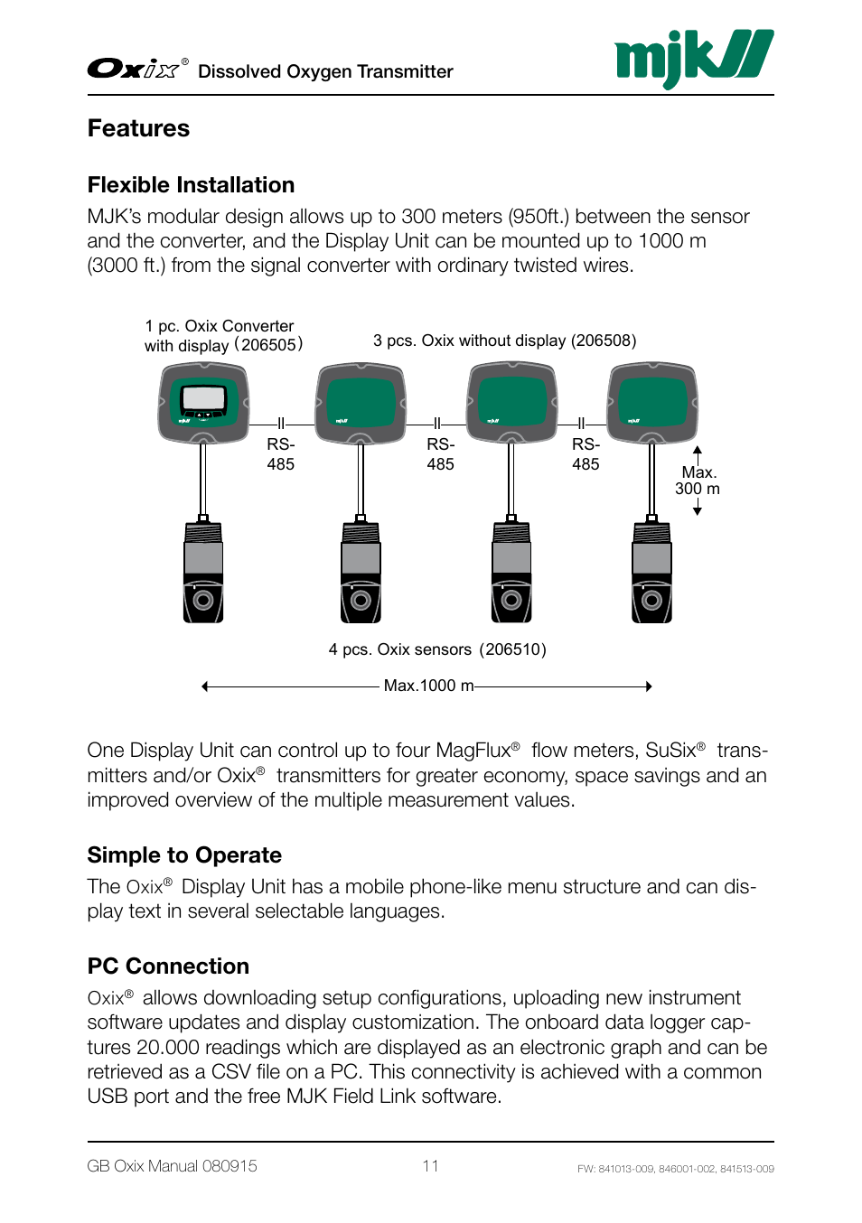 Features, Flexible installation, Simple to operate | Pc connection | Xylem Oxix Dissolved Oxygen Transmitter User Manual | Page 11 / 126