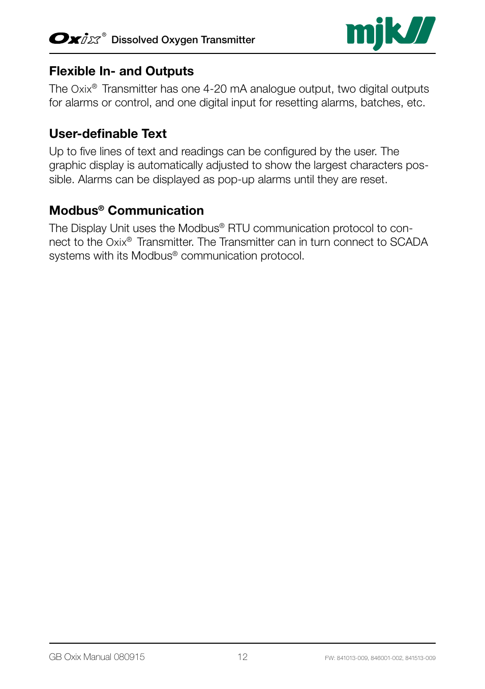 Flexible in- and outputs, User-definable text, Modbus | Communication | Xylem Oxix Dissolved Oxygen Transmitter User Manual | Page 12 / 126