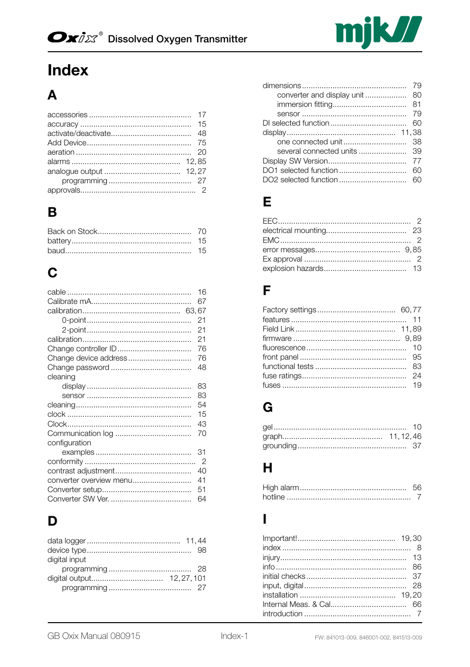 Index, Index-1 | Xylem Oxix Dissolved Oxygen Transmitter User Manual | Page 123 / 126