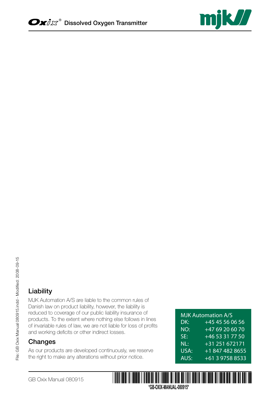 Liability, Changes, Dissolved oxygen transmitter | Xylem Oxix Dissolved Oxygen Transmitter User Manual | Page 126 / 126