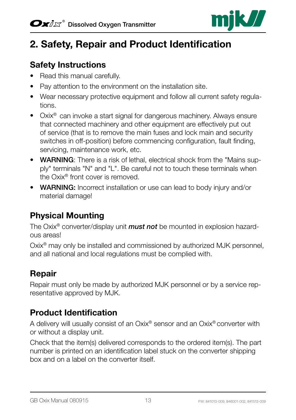 Safety, repair and product identification, Safety instructions, Physical mounting | Repair, Product identification | Xylem Oxix Dissolved Oxygen Transmitter User Manual | Page 13 / 126