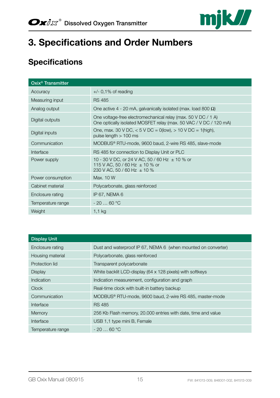 Specifications and order numbers, Specifications, Dissolved oxygen transmitter | Xylem Oxix Dissolved Oxygen Transmitter User Manual | Page 15 / 126