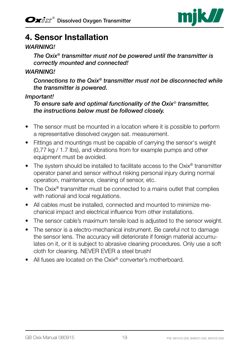 Sensor installation | Xylem Oxix Dissolved Oxygen Transmitter User Manual | Page 19 / 126