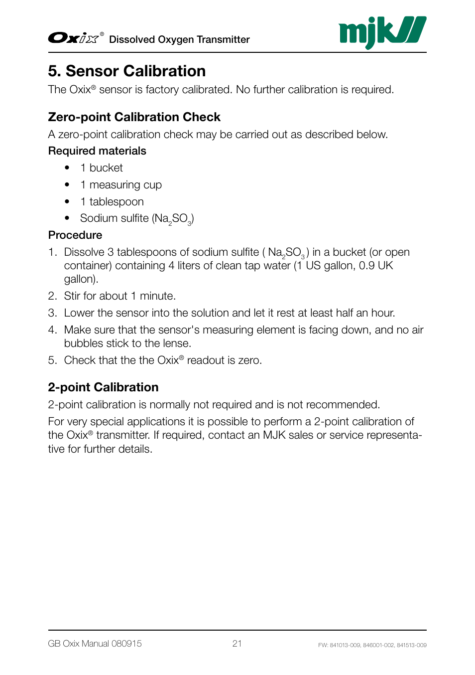 Sensor calibration, Zero-point calibration check, Point calibration | Zero-point calibration check 2-point calibration | Xylem Oxix Dissolved Oxygen Transmitter User Manual | Page 21 / 126
