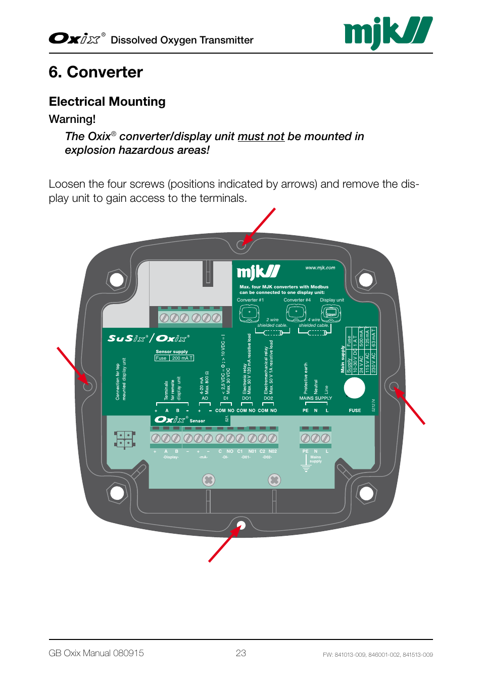Converter, Electrical mounting, Warning! the oxix | Dissolved oxygen transmitter | Xylem Oxix Dissolved Oxygen Transmitter User Manual | Page 23 / 126