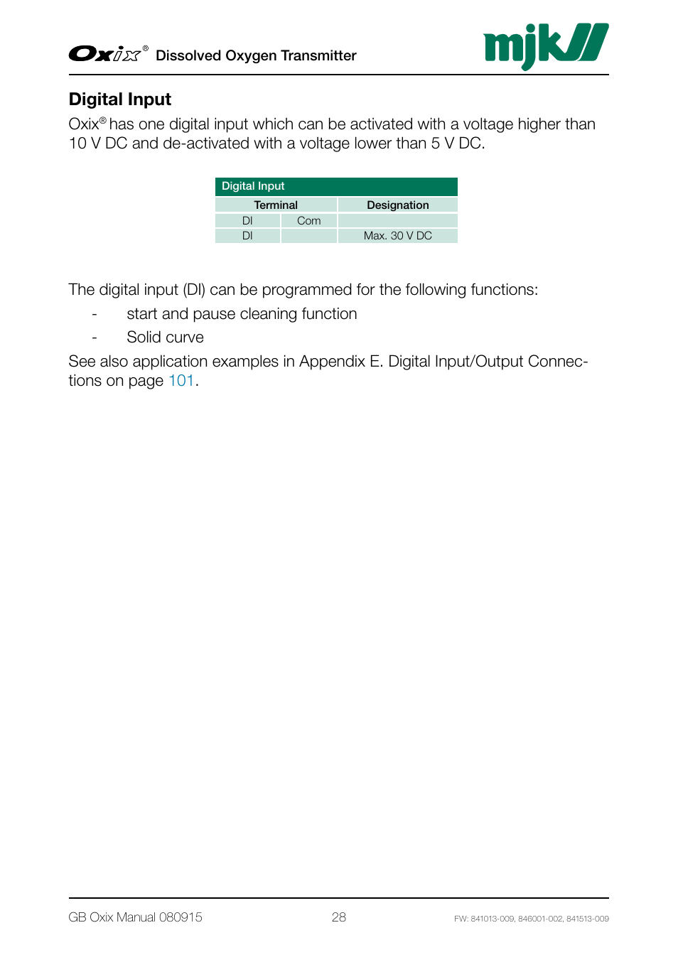 Digital input | Xylem Oxix Dissolved Oxygen Transmitter User Manual | Page 28 / 126