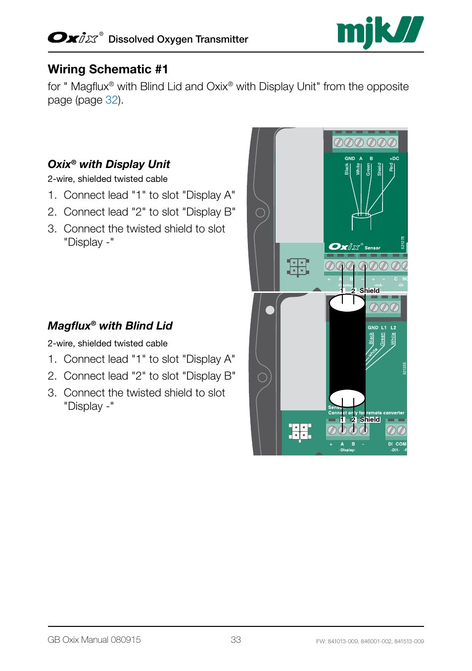 Wiring schematic #1, For " magflux, With blind lid and oxix | With display unit, With blind lid, Dissolved oxygen transmitter, Wire, shielded twisted cable | Xylem Oxix Dissolved Oxygen Transmitter User Manual | Page 33 / 126