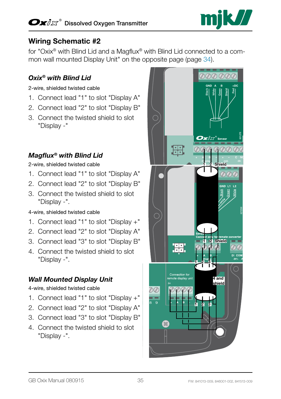 Wiring schematic #2, For "oxix, With blind lid and a magflux | With blind lid, Dissolved oxygen transmitter, Wire, shielded twisted cable | Xylem Oxix Dissolved Oxygen Transmitter User Manual | Page 35 / 126