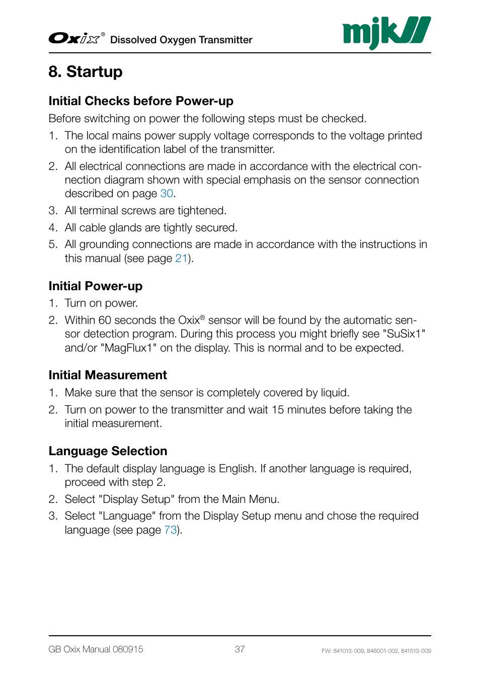 Startup, Initial checks before power-up, Initial power-up | Initial measurement, Language selection | Xylem Oxix Dissolved Oxygen Transmitter User Manual | Page 37 / 126