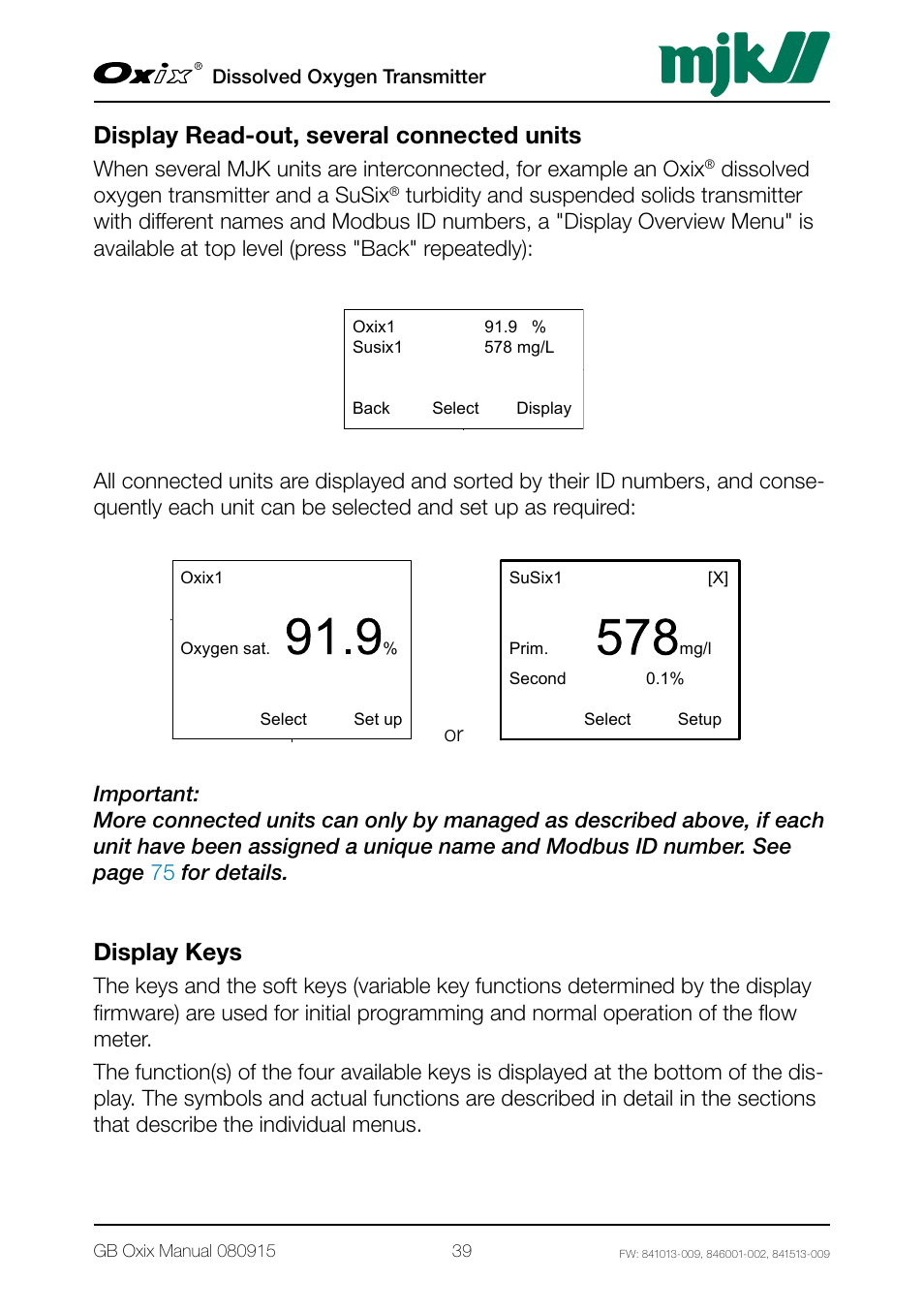 Display read-out, several connected units, Display keys, 1 - main menus page1 | Dissolved oxygen transmitter and a susix | Xylem Oxix Dissolved Oxygen Transmitter User Manual | Page 39 / 126