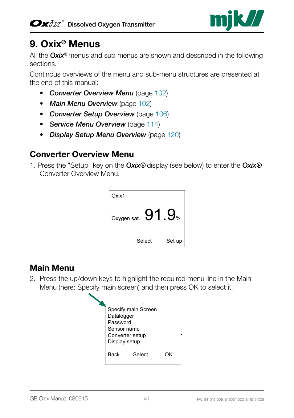 Oxix menus, Converter overview menu, Oxix | Menus, All the oxix, Press the "setup" key on the oxix, Display (see below) to enter the oxix | Xylem Oxix Dissolved Oxygen Transmitter User Manual | Page 41 / 126