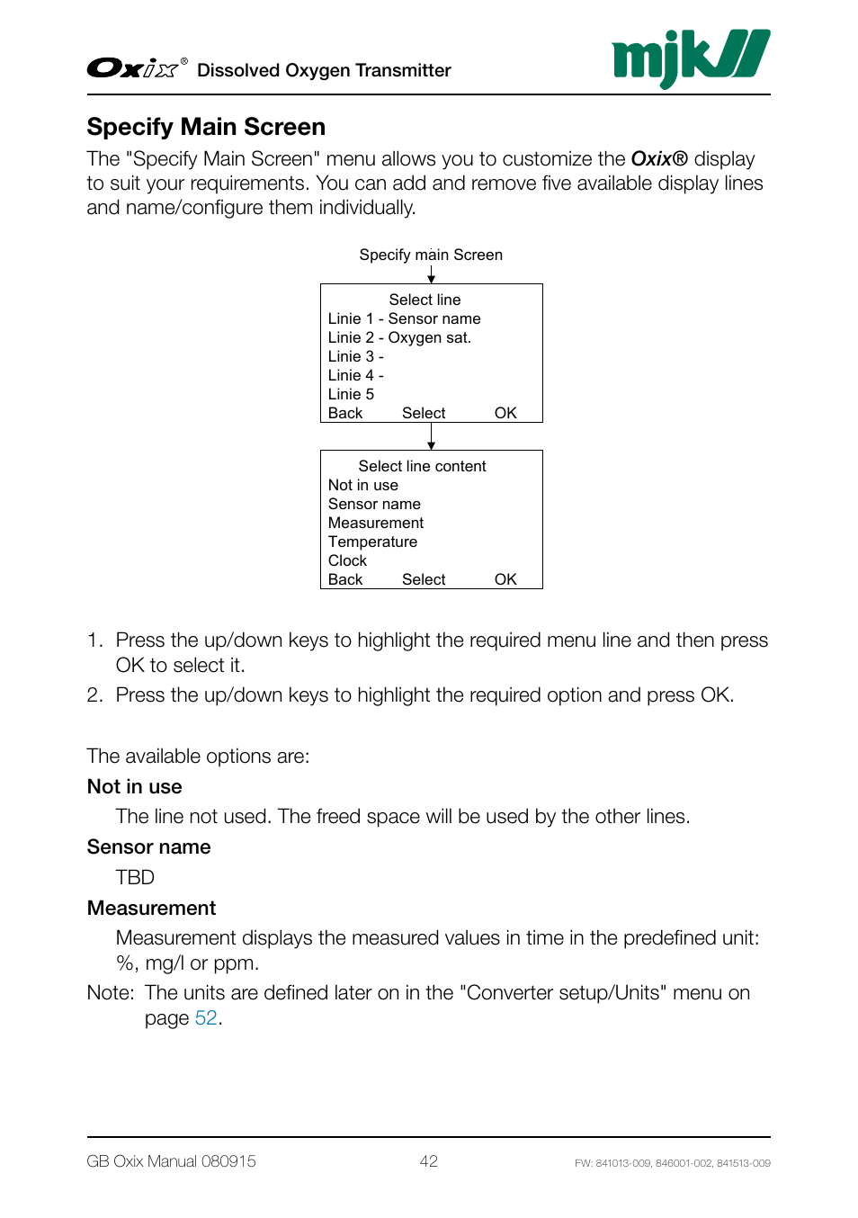 Specify main screen | Xylem Oxix Dissolved Oxygen Transmitter User Manual | Page 42 / 126