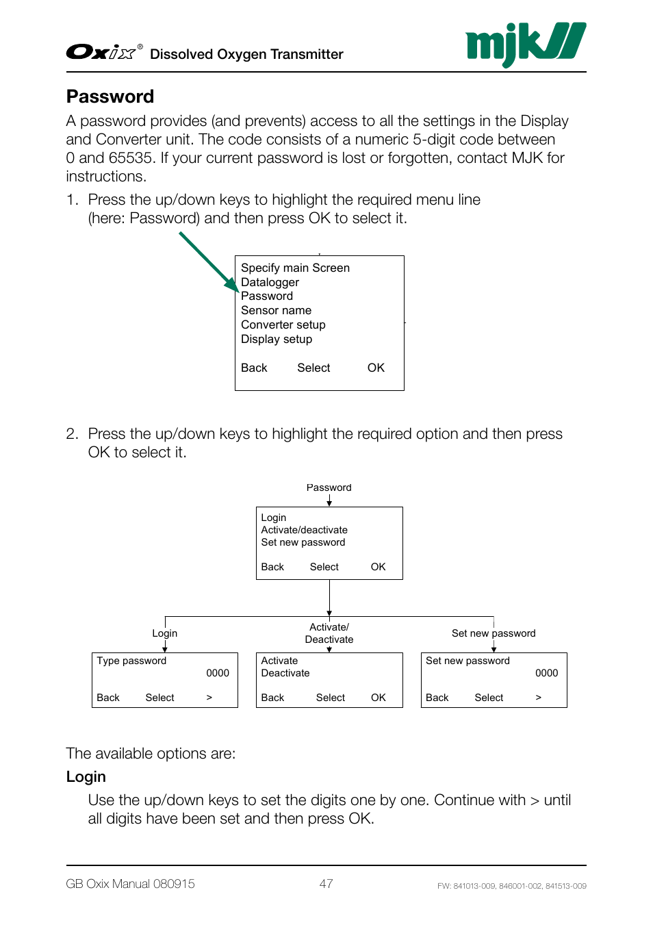 Password, Dissolved oxygen transmitter | Xylem Oxix Dissolved Oxygen Transmitter User Manual | Page 47 / 126