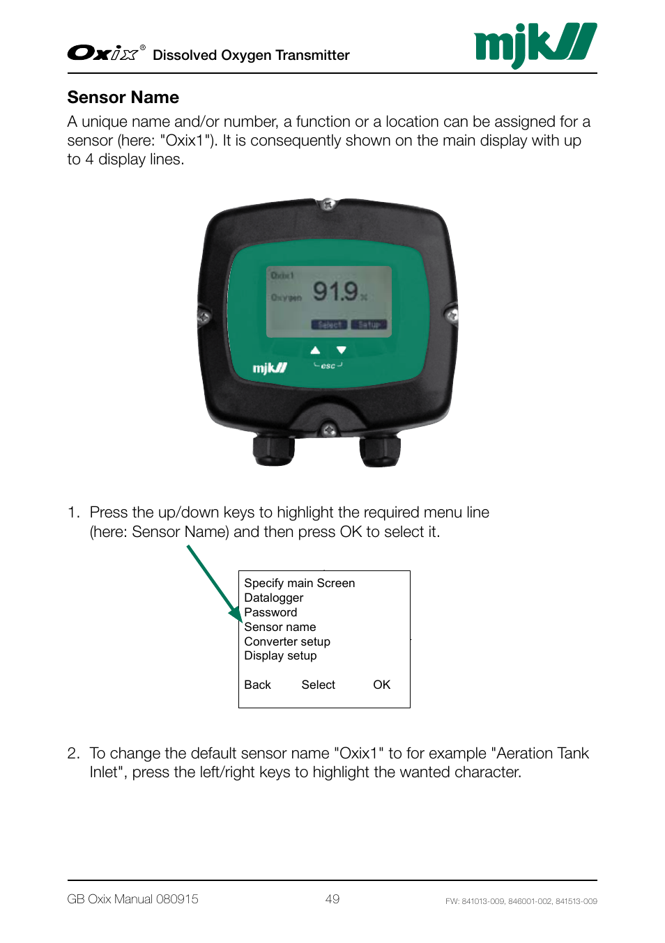 Sensor name | Xylem Oxix Dissolved Oxygen Transmitter User Manual | Page 49 / 126