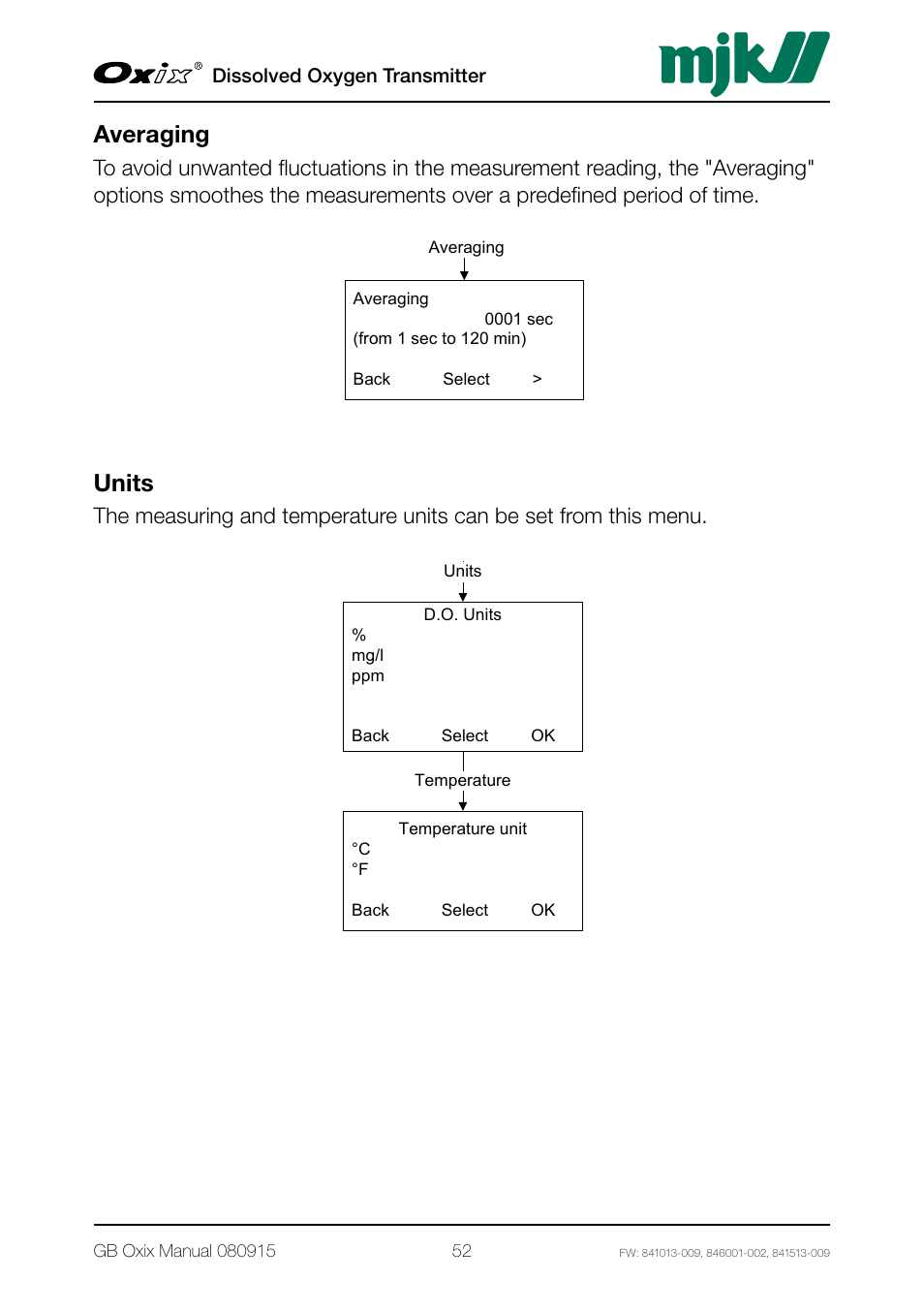 Averaging, Units, Averaging units | Xylem Oxix Dissolved Oxygen Transmitter User Manual | Page 52 / 126