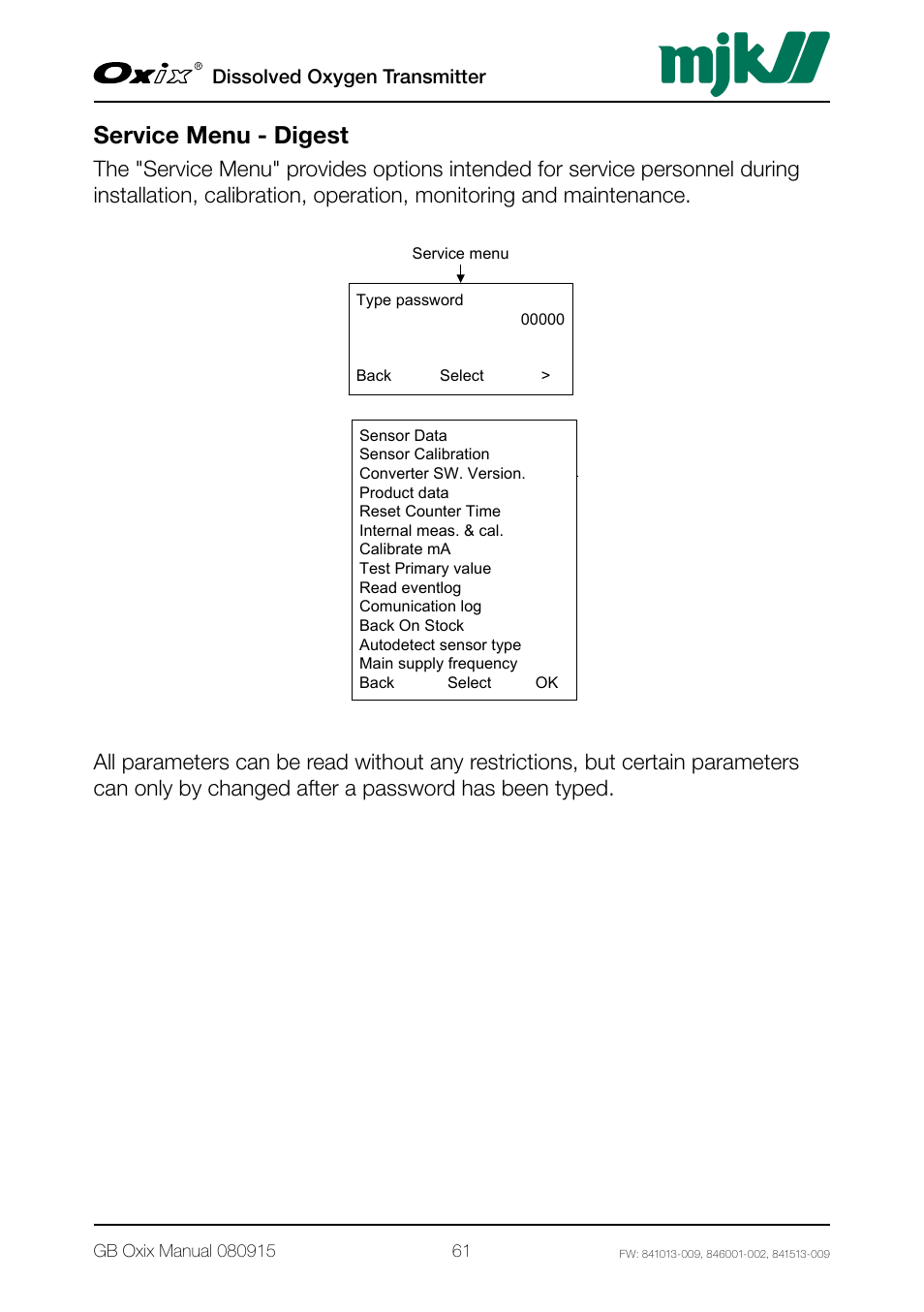 Service menu - digest, Dissolved oxygen transmitter | Xylem Oxix Dissolved Oxygen Transmitter User Manual | Page 61 / 126