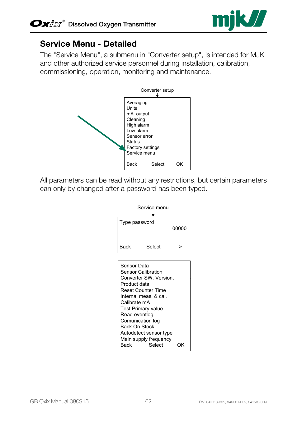 Service menu - detailed, Dissolved oxygen transmitter | Xylem Oxix Dissolved Oxygen Transmitter User Manual | Page 62 / 126