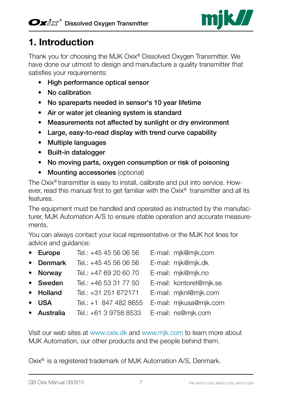 Introduction | Xylem Oxix Dissolved Oxygen Transmitter User Manual | Page 7 / 126