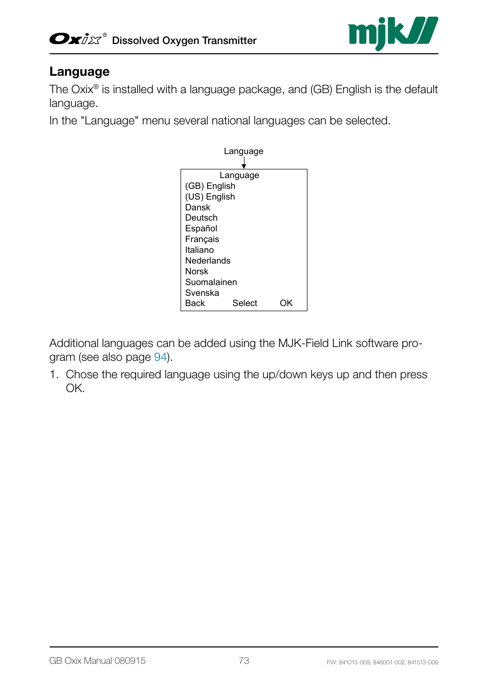 Language, The oxix | Xylem Oxix Dissolved Oxygen Transmitter User Manual | Page 73 / 126