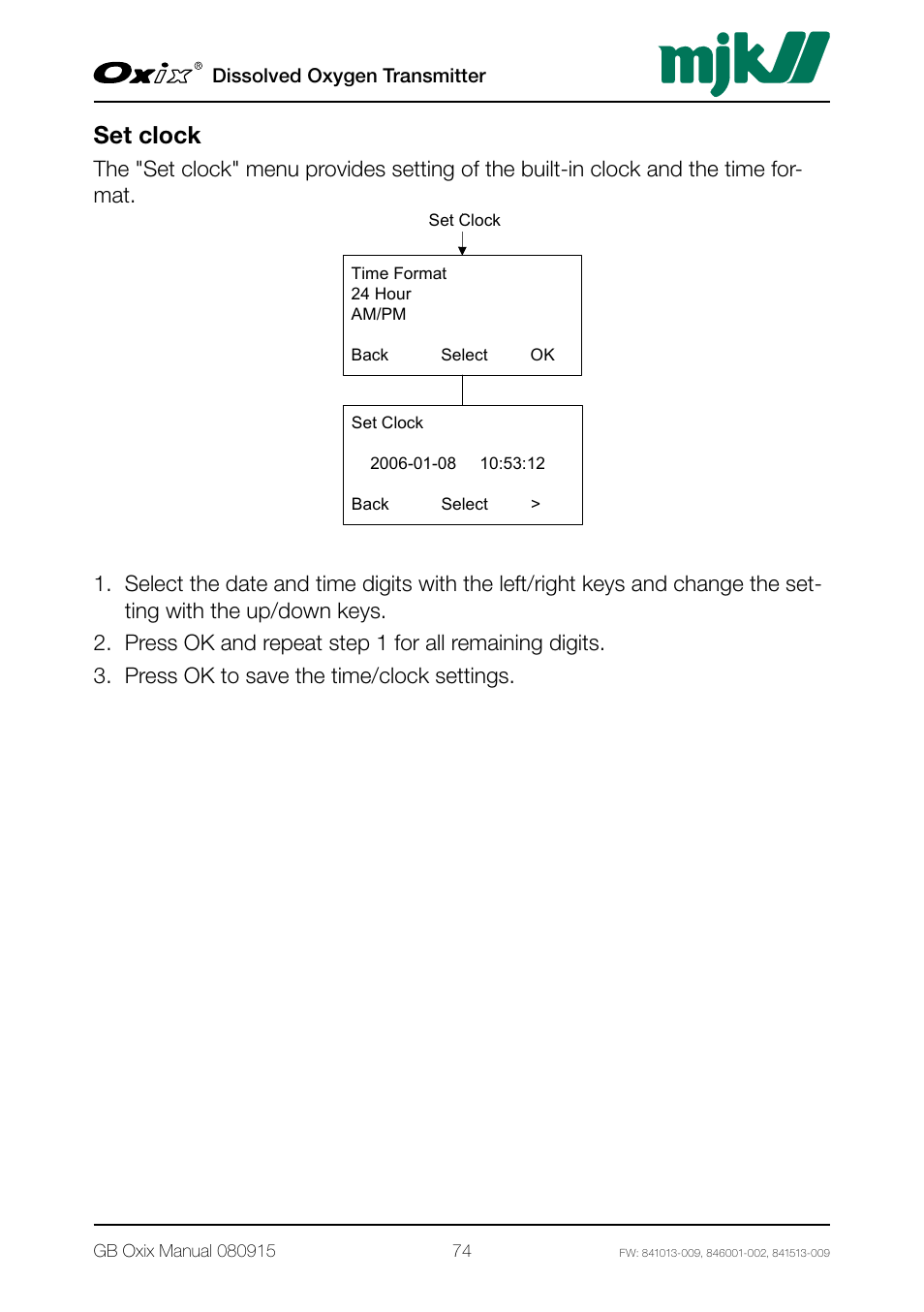 Set clock | Xylem Oxix Dissolved Oxygen Transmitter User Manual | Page 74 / 126
