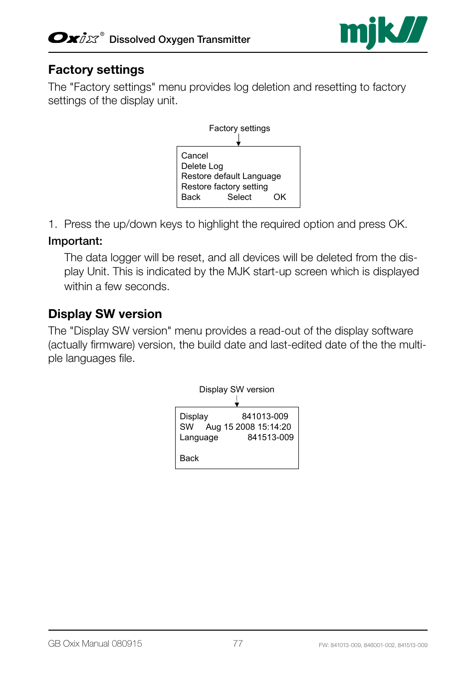 Factory settings, Display sw version, Factory settings display sw version | Xylem Oxix Dissolved Oxygen Transmitter User Manual | Page 77 / 126