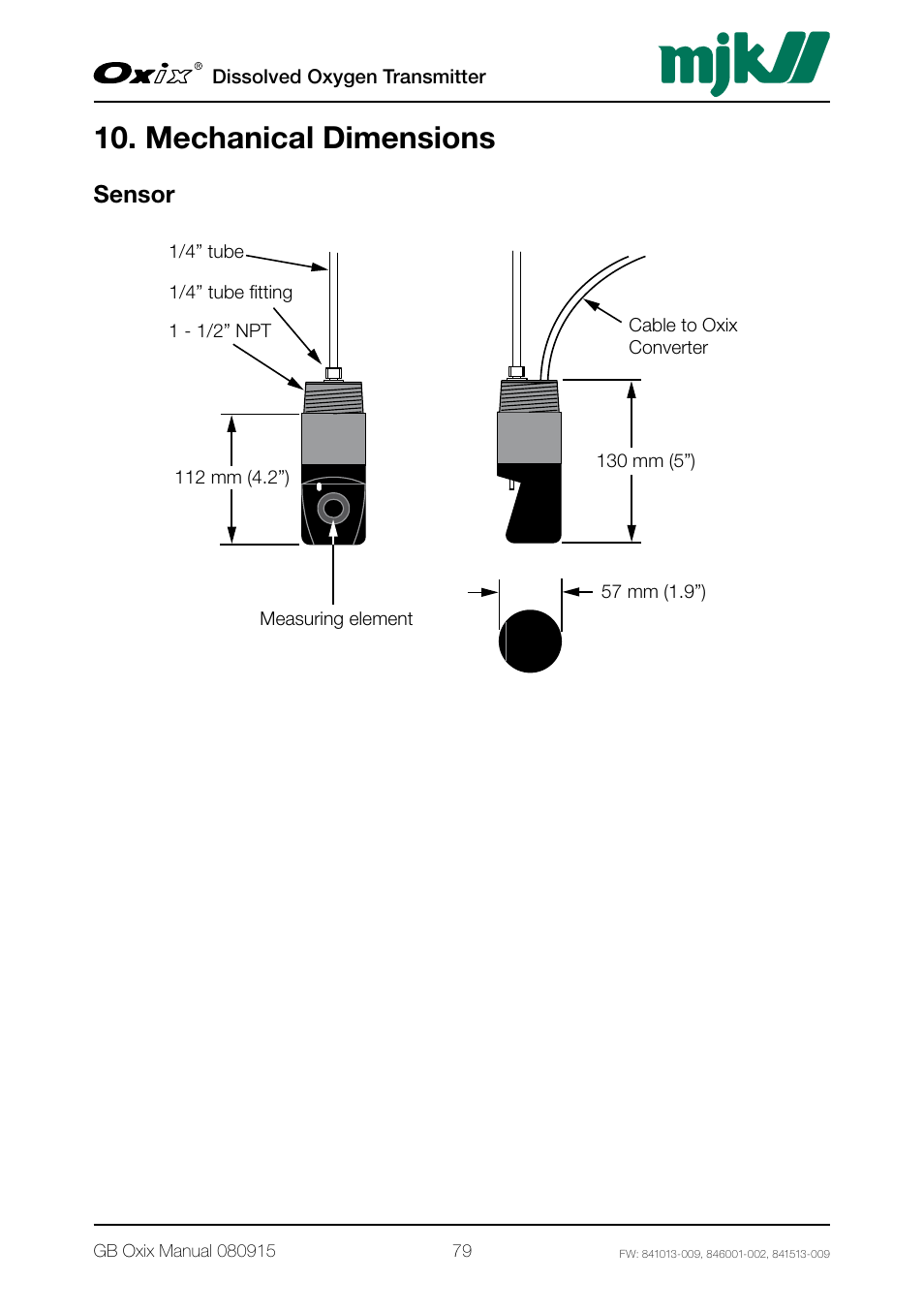 Mechanical dimensions, Sensor | Xylem Oxix Dissolved Oxygen Transmitter User Manual | Page 79 / 126