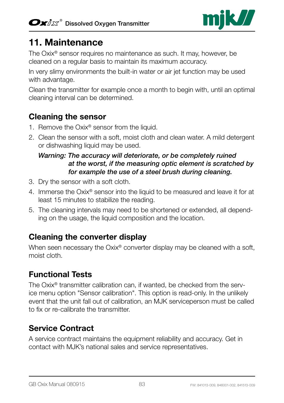 Maintenance, Cleaning the sensor, Cleaning the converter display | Functional tests, Service contract | Xylem Oxix Dissolved Oxygen Transmitter User Manual | Page 83 / 126