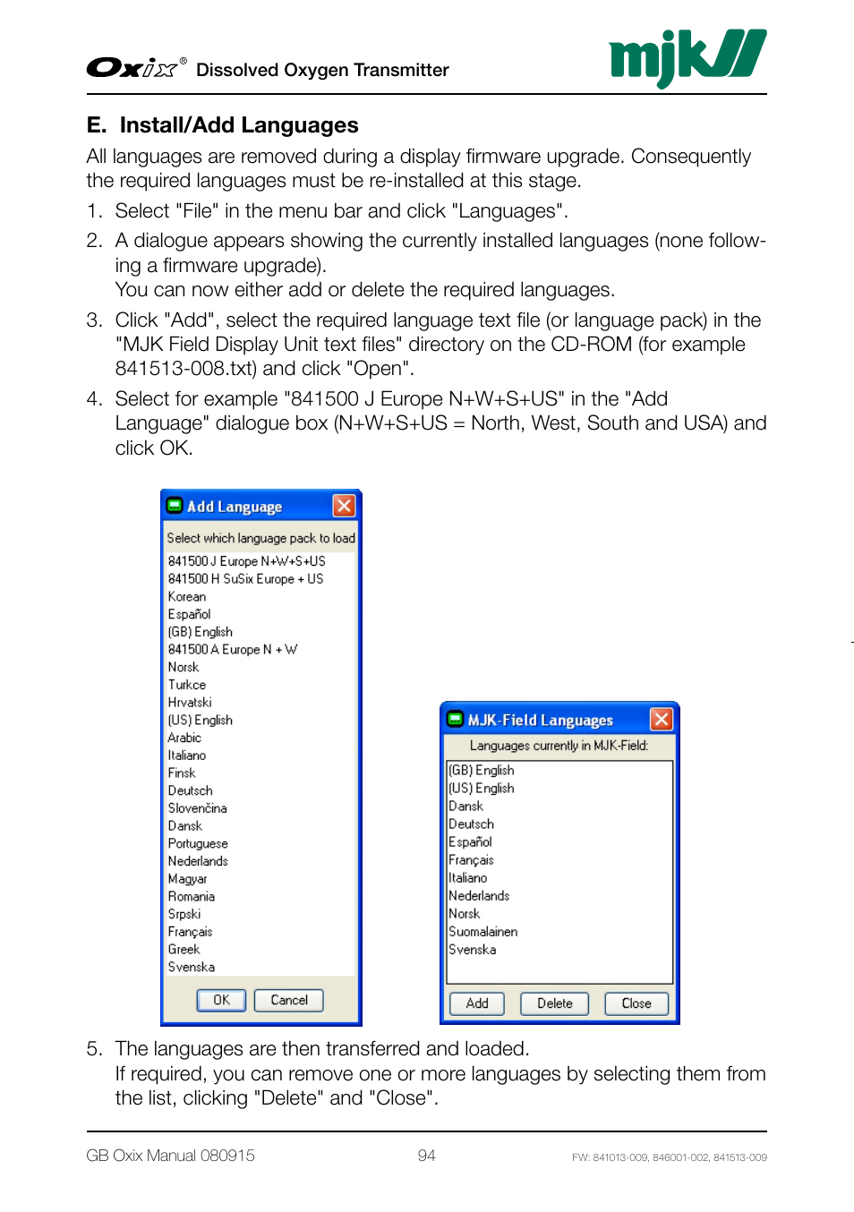 E. install/add languages, Appendix c. front panel cut-out drawing, Cut-out ar ea frontpanel outline up | Xylem Oxix Dissolved Oxygen Transmitter User Manual | Page 94 / 126