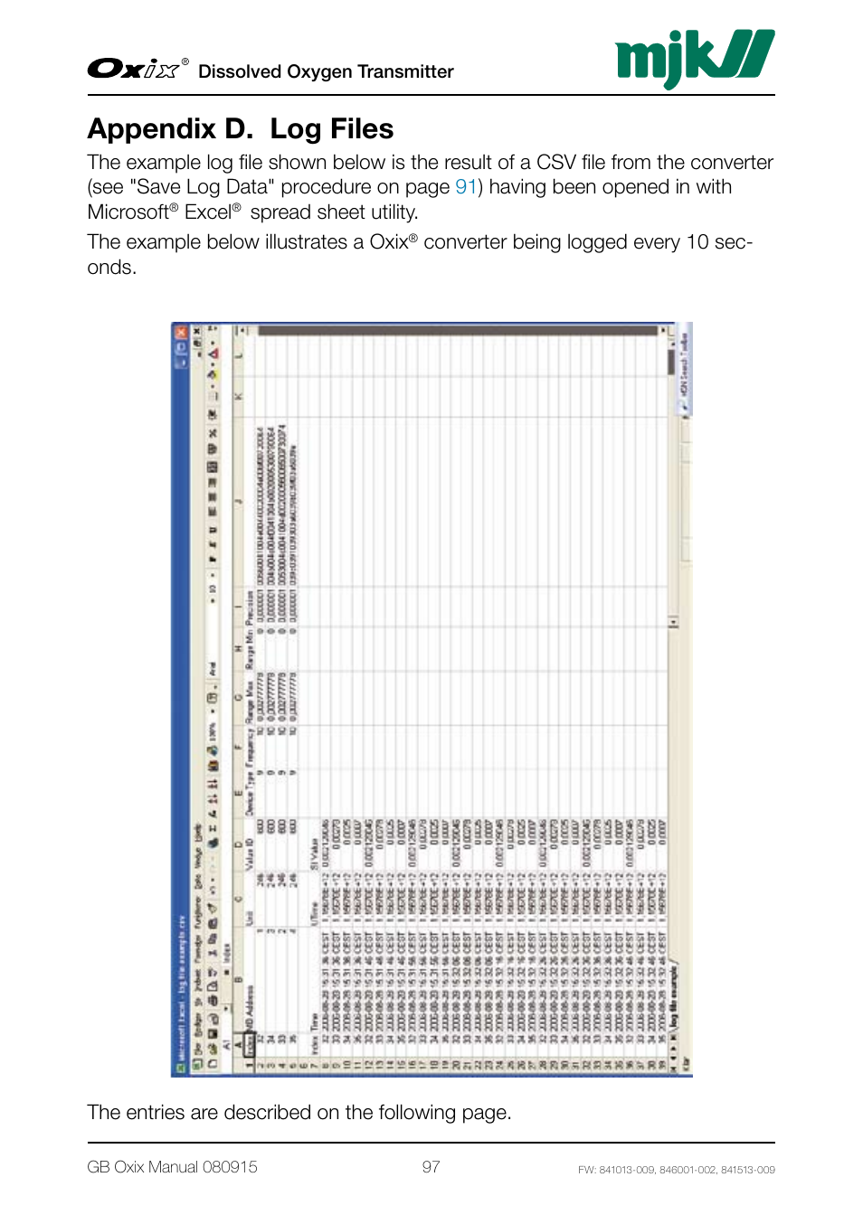 Appendix d. log files | Xylem Oxix Dissolved Oxygen Transmitter User Manual | Page 97 / 126