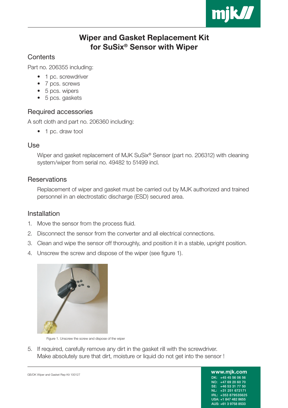 Xylem SuSix Sensor with Wiper - Wiper and Gasket Replacement Kit 206355 User Manual | 4 pages