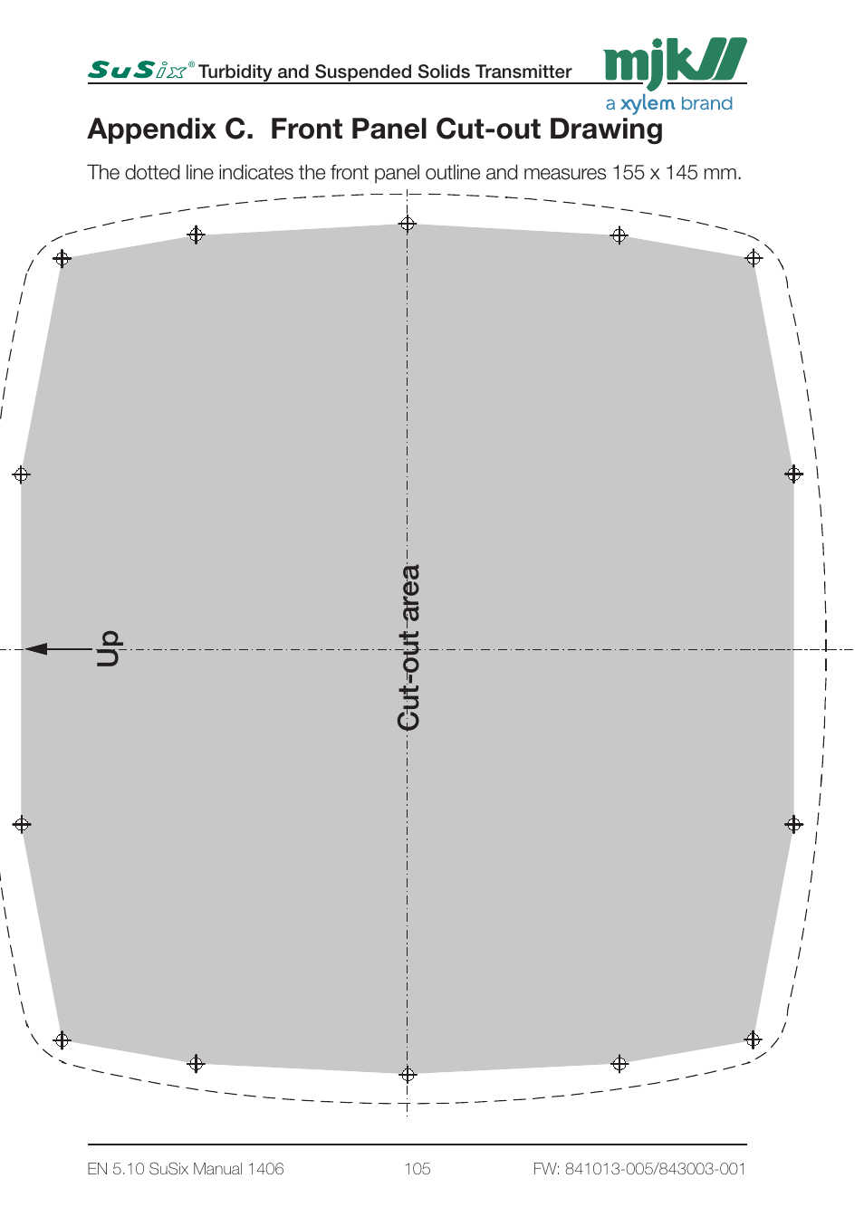 Appendix c. front panel cut-out drawing, Cut-out ar ea frontpanel outline up | Xylem SuSix Turbidity and Suspended Solids Transmitter User Manual | Page 105 / 132