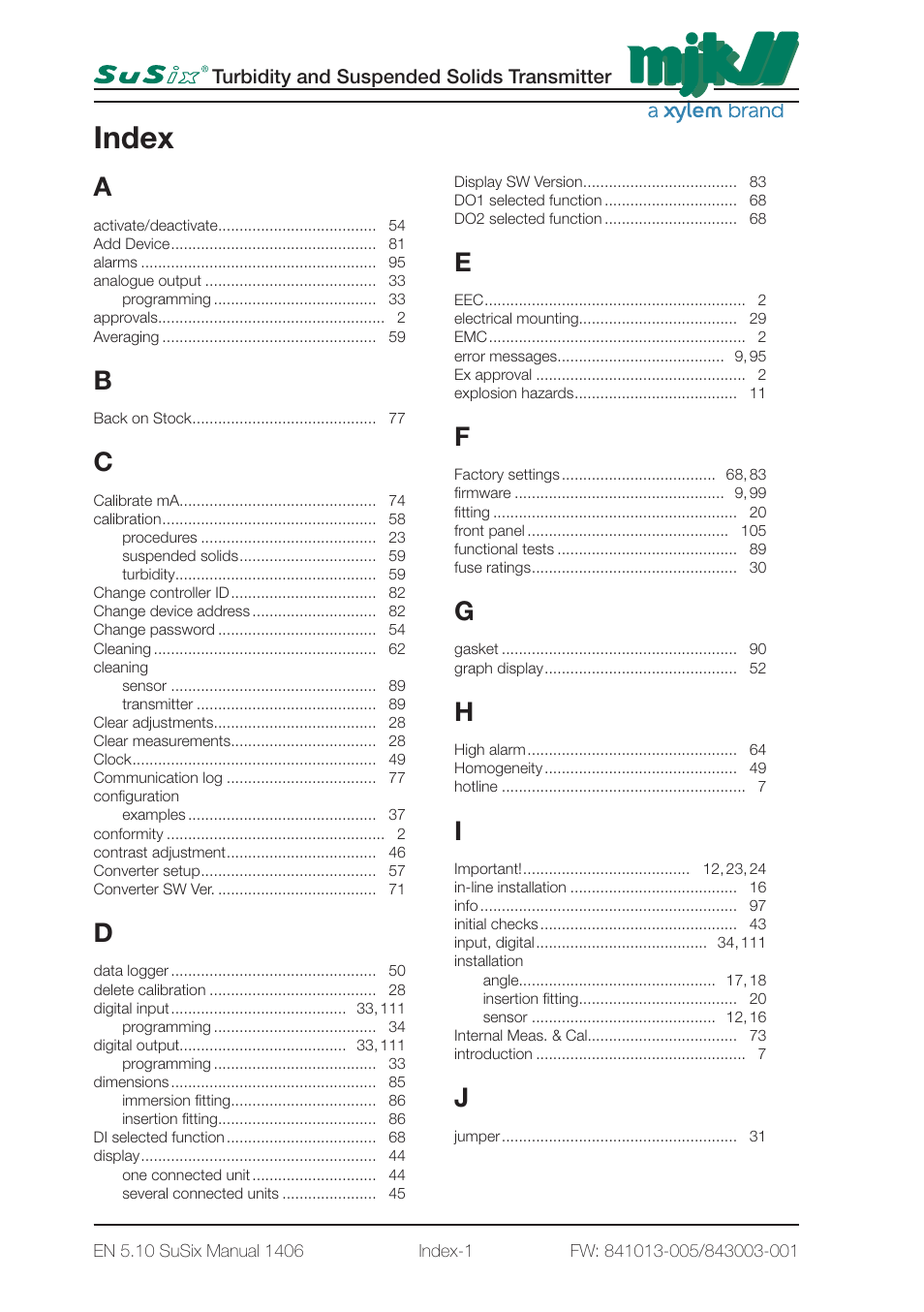 Index | Xylem SuSix Turbidity and Suspended Solids Transmitter User Manual | Page 129 / 132