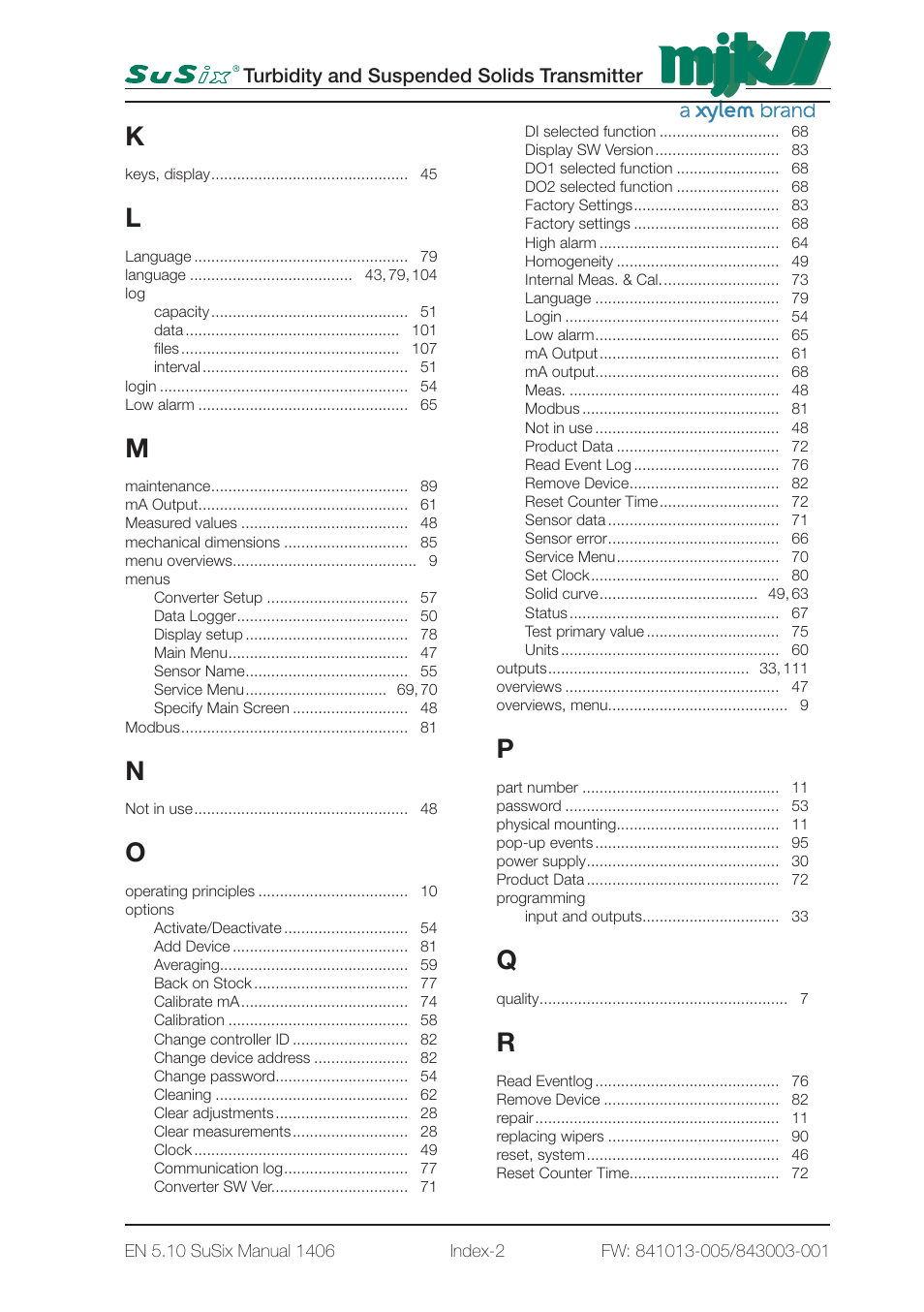 Xylem SuSix Turbidity and Suspended Solids Transmitter User Manual | Page 130 / 132
