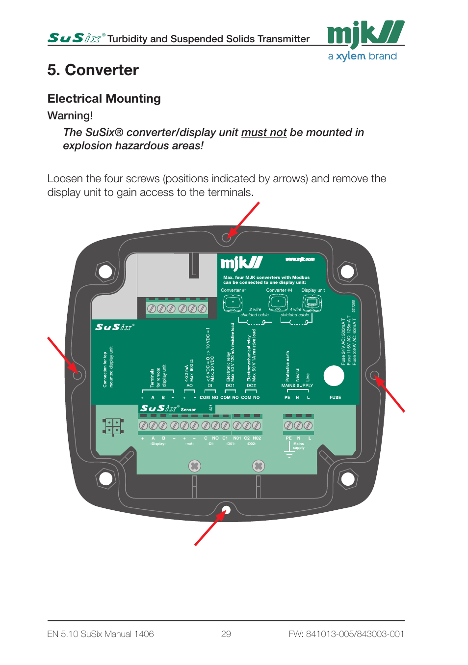Converter, Electrical mounting, Turbidity and suspended solids transmitter | Xylem SuSix Turbidity and Suspended Solids Transmitter User Manual | Page 29 / 132