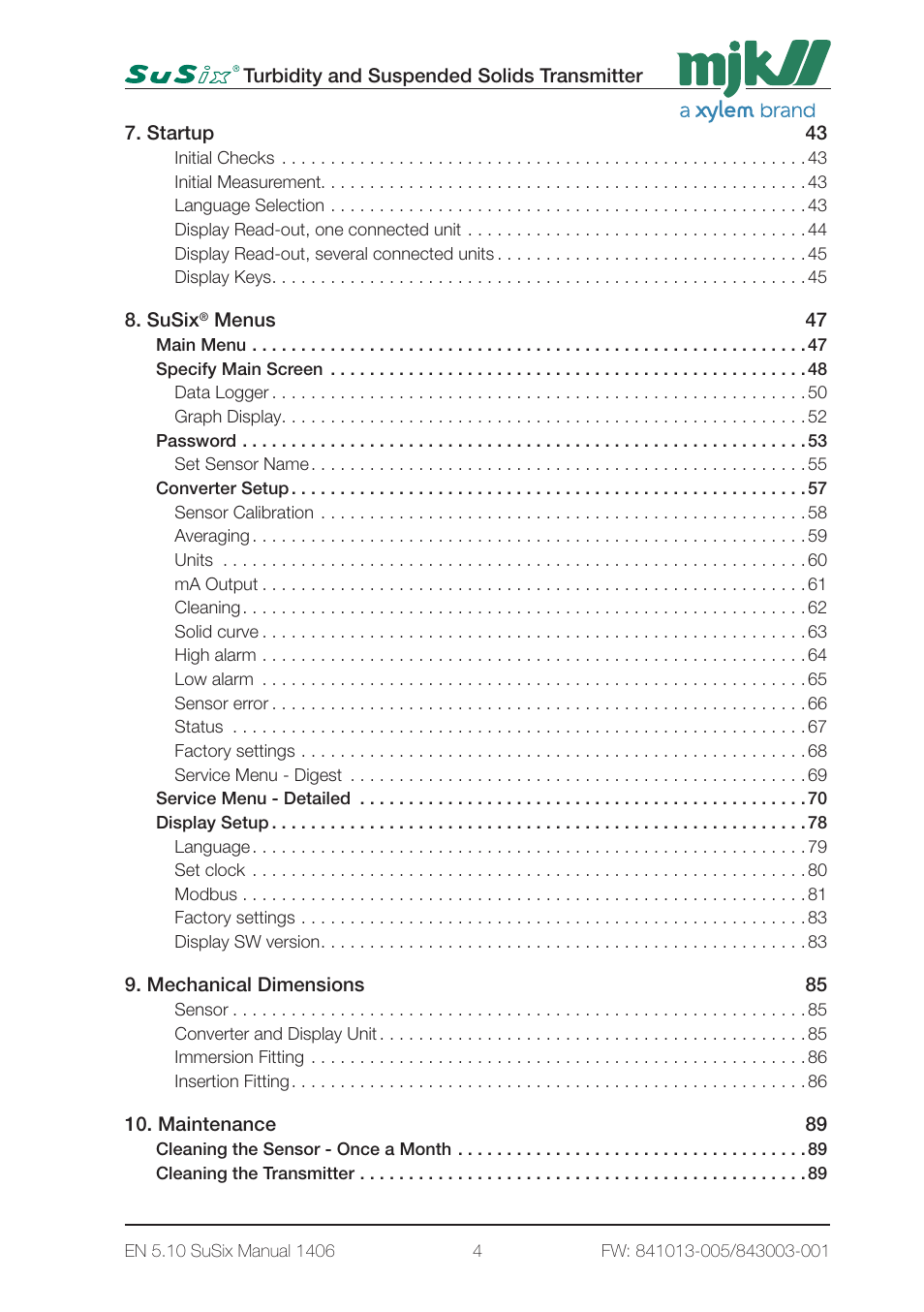 Xylem SuSix Turbidity and Suspended Solids Transmitter User Manual | Page 4 / 132