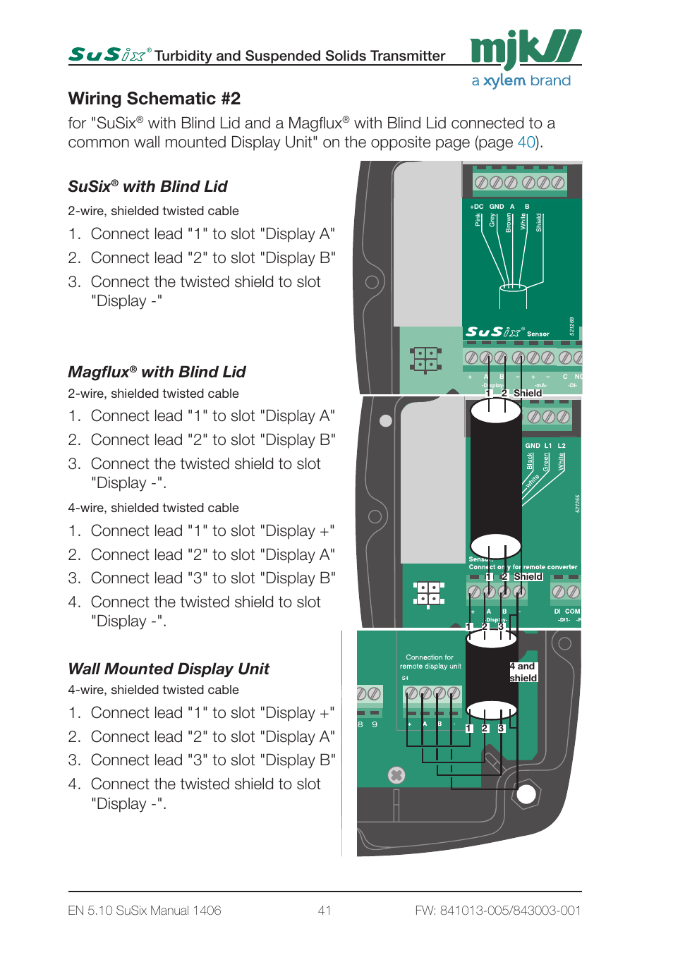 Wiring schematic #2, For "susix, With blind lid and a magflux | With blind lid, Turbidity and suspended solids transmitter, Wire, shielded twisted cable | Xylem SuSix Turbidity and Suspended Solids Transmitter User Manual | Page 41 / 132