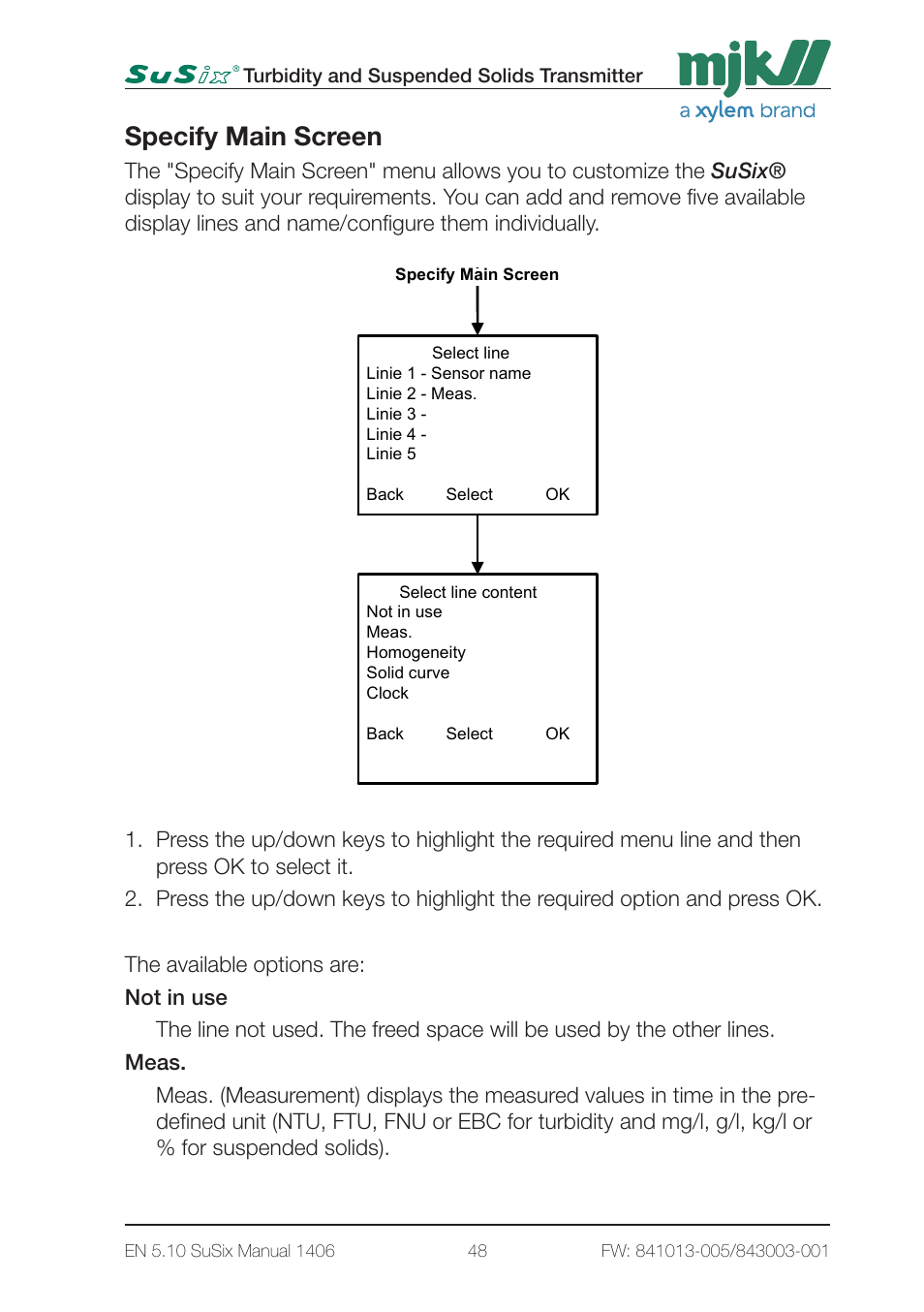 Specify main screen, 1 - main menus page1 | Xylem SuSix Turbidity and Suspended Solids Transmitter User Manual | Page 48 / 132