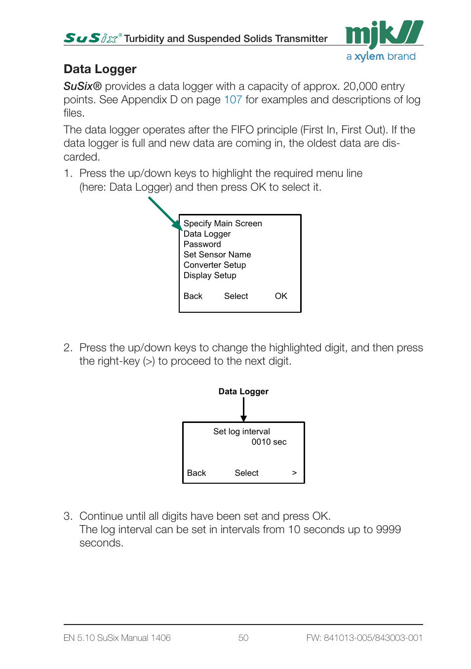 1 - main menus page1, Data logger | Xylem SuSix Turbidity and Suspended Solids Transmitter User Manual | Page 50 / 132