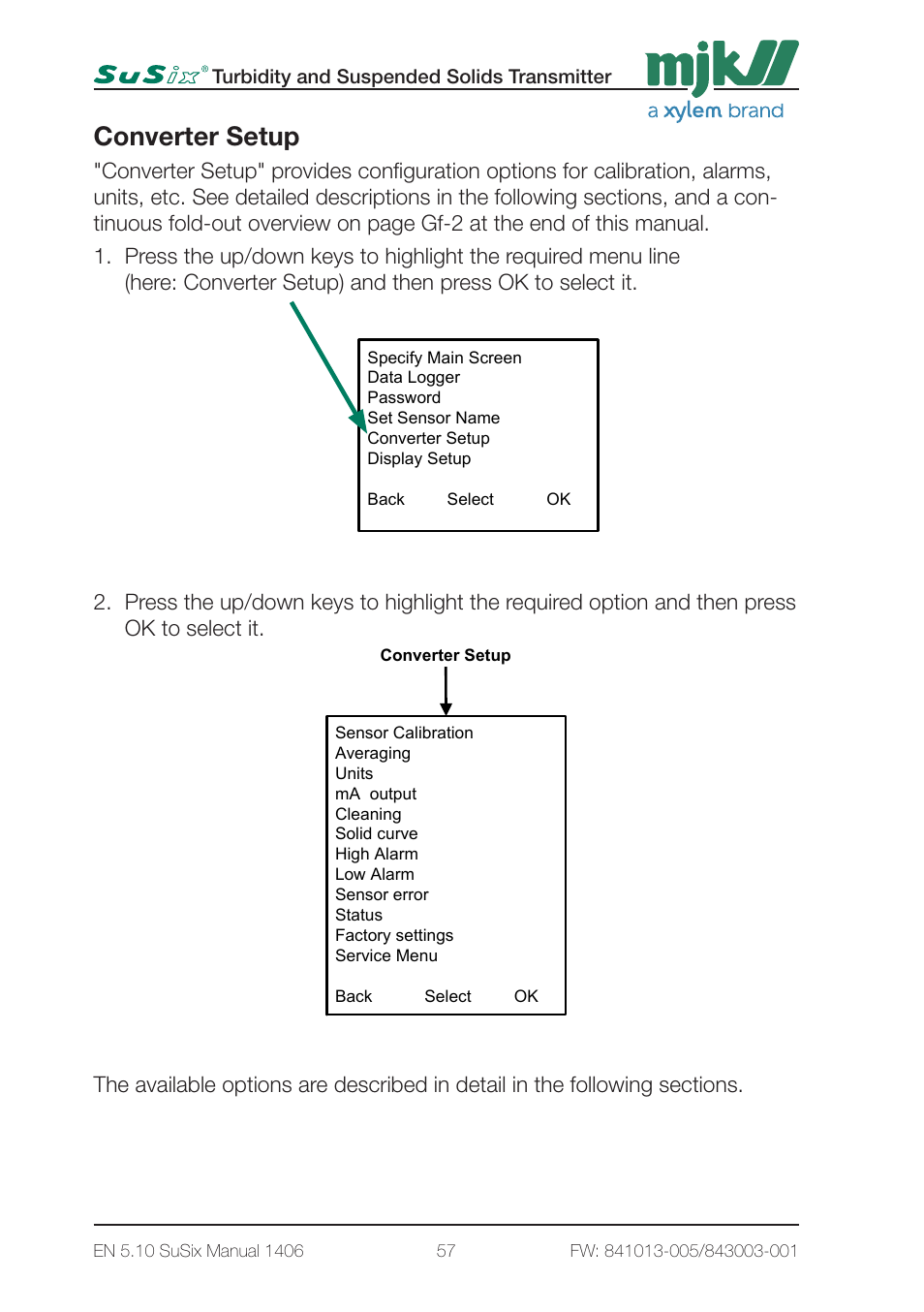 Converter setup, 1 - main menus page1 | Xylem SuSix Turbidity and Suspended Solids Transmitter User Manual | Page 57 / 132