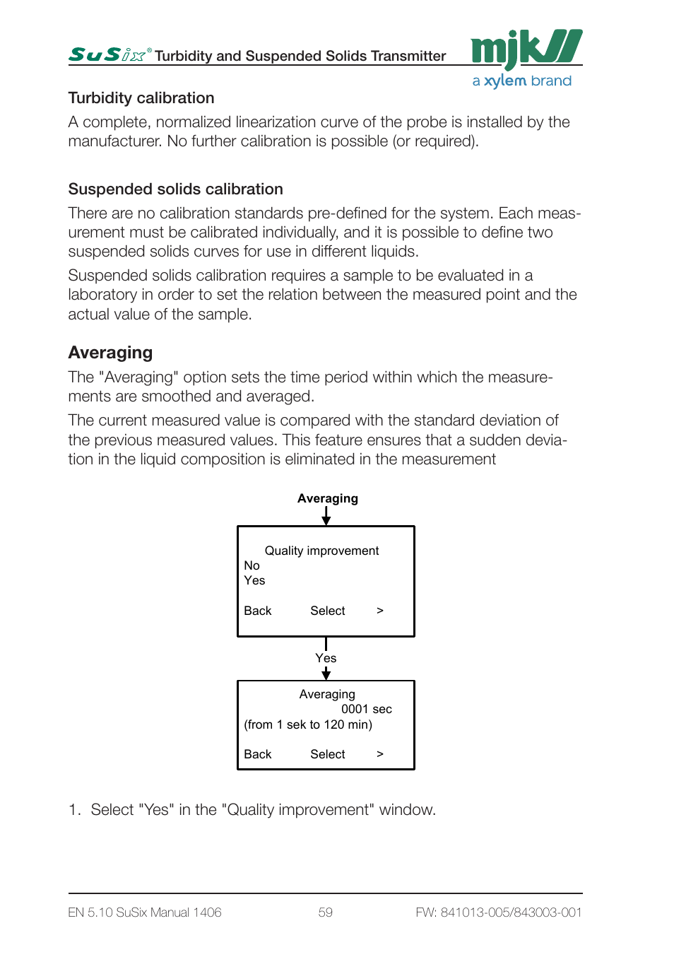 3 - converter setup 1 page3, 0,00 g/l, Averaging | Select "yes" in the "quality improvement" window | Xylem SuSix Turbidity and Suspended Solids Transmitter User Manual | Page 59 / 132
