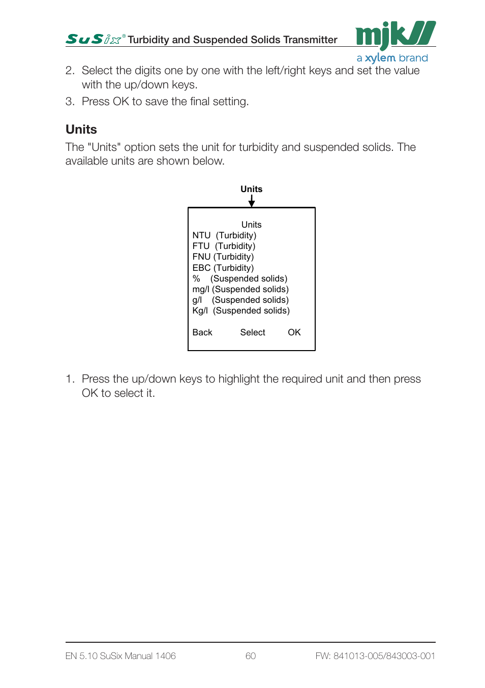 3 - converter setup 1 page3, 0,00 g/l, Units | Xylem SuSix Turbidity and Suspended Solids Transmitter User Manual | Page 60 / 132
