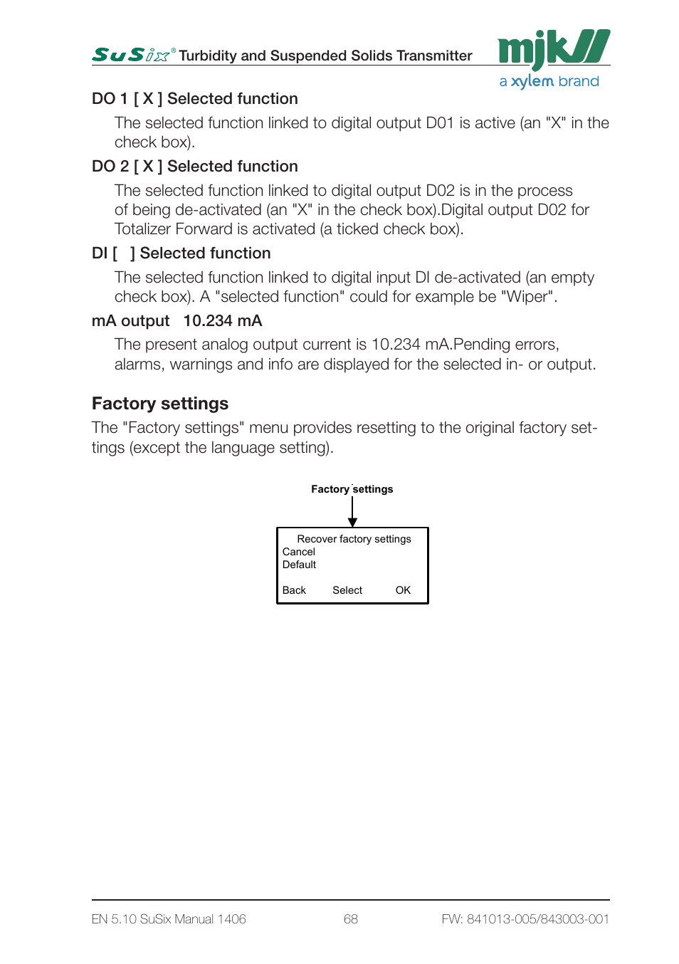 Factory settings, 6 - converter setup 4 page6, Turbidity and suspended solids transmitter | Xylem SuSix Turbidity and Suspended Solids Transmitter User Manual | Page 68 / 132