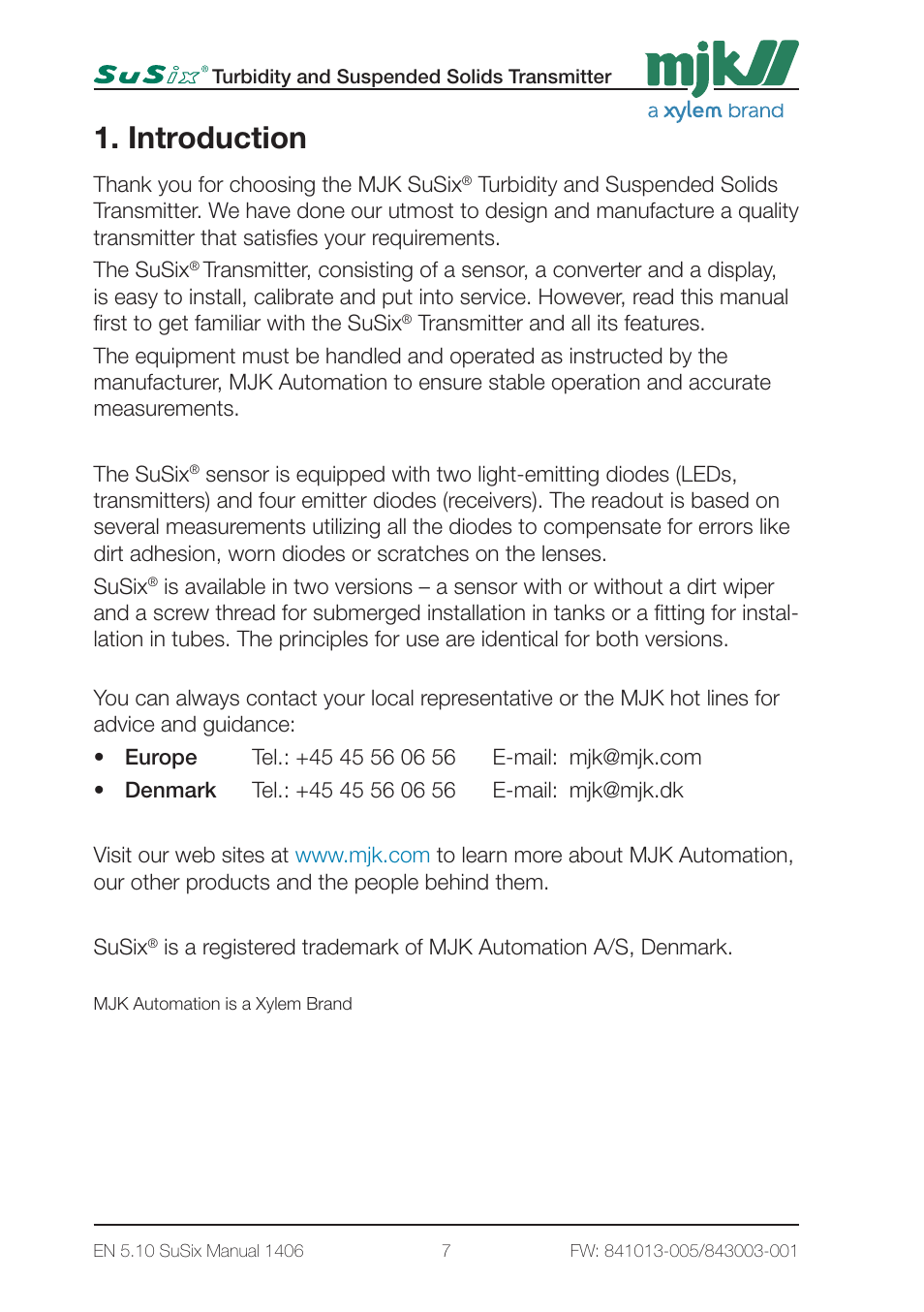 Introduction | Xylem SuSix Turbidity and Suspended Solids Transmitter User Manual | Page 7 / 132