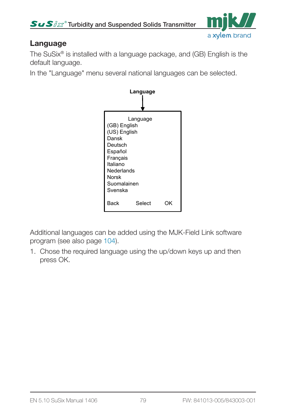 2 - display setup page2, Language, The susix | Xylem SuSix Turbidity and Suspended Solids Transmitter User Manual | Page 79 / 132