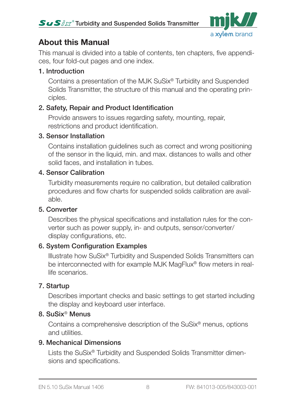 About this manual | Xylem SuSix Turbidity and Suspended Solids Transmitter User Manual | Page 8 / 132