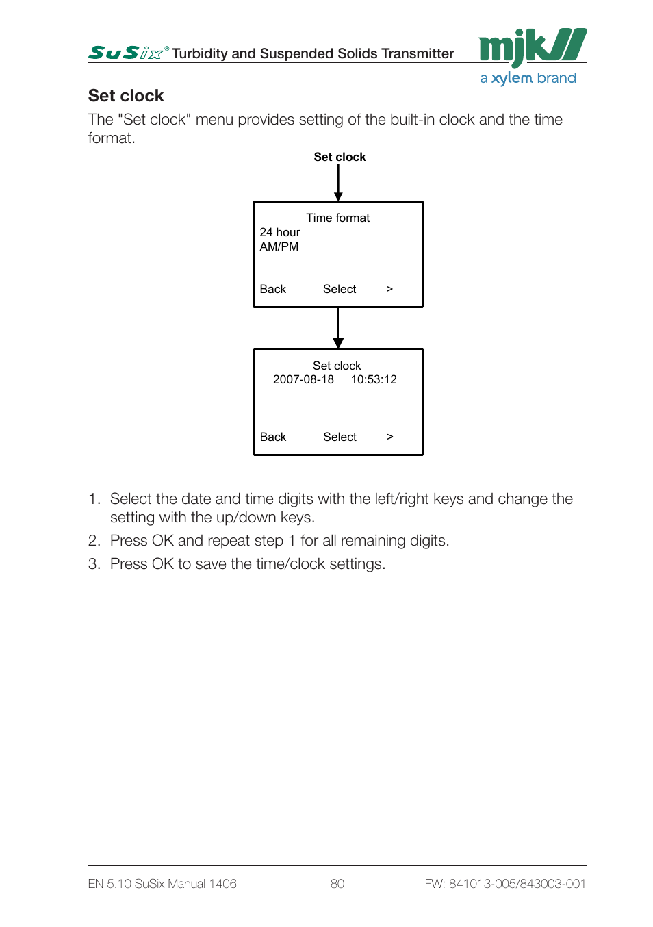 2 - display setup page2, Set clock | Xylem SuSix Turbidity and Suspended Solids Transmitter User Manual | Page 80 / 132