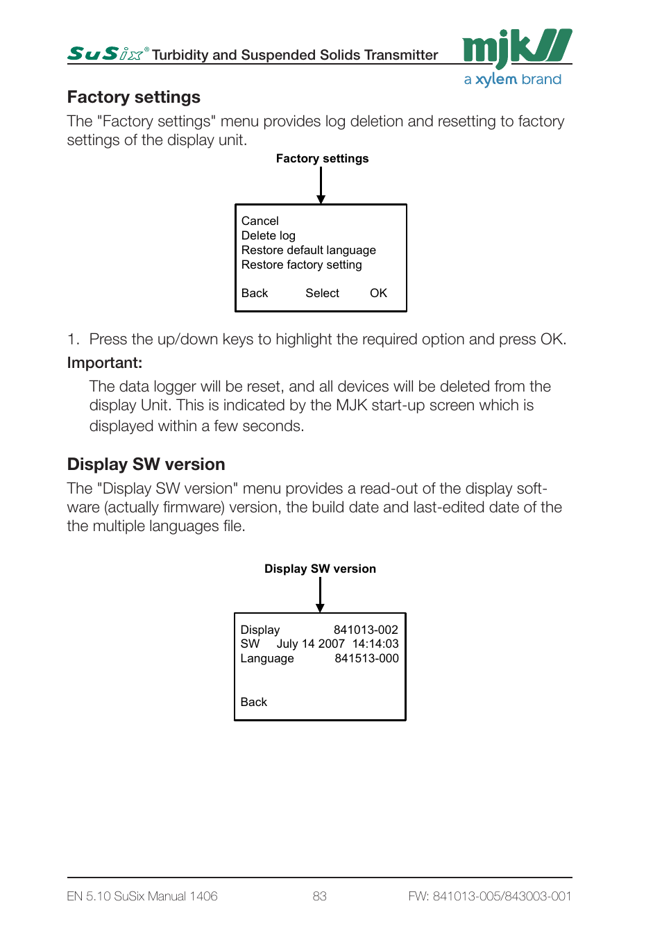 2 - display setup page2, Factory settings, Display sw version | Xylem SuSix Turbidity and Suspended Solids Transmitter User Manual | Page 83 / 132