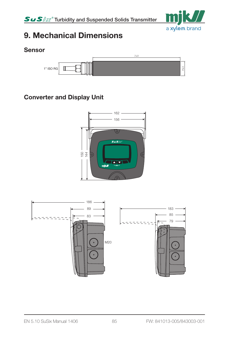 Mechanical dimensions, Sensor, Converter and display unit | Turbidity and suspended solids transmitter | Xylem SuSix Turbidity and Suspended Solids Transmitter User Manual | Page 85 / 132