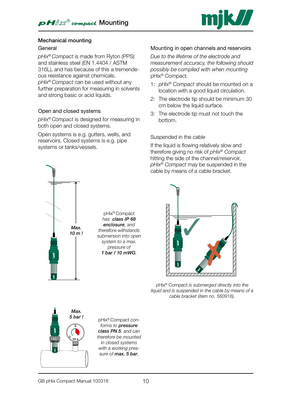 Mechanical mounting, General, Open and closed systems | Mounting in open channels and reservoirs, Mounting | Xylem PHIX COMPACT pH and Redox Transmitter User Manual | Page 10 / 26