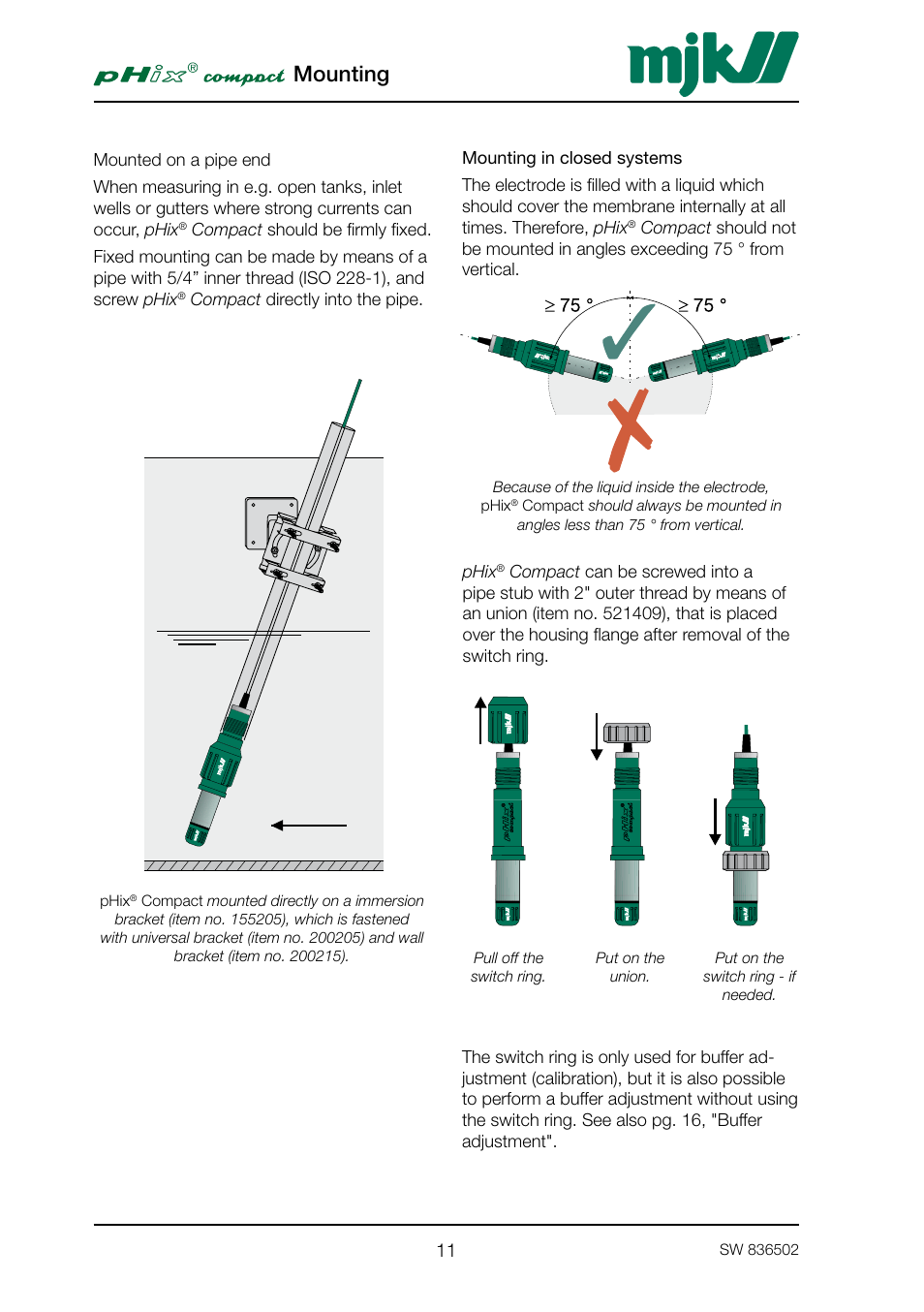 Mounting in closed systems, Mounting | Xylem PHIX COMPACT pH and Redox Transmitter User Manual | Page 11 / 26